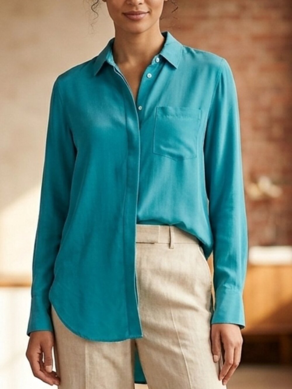 J.Crew Blythe 100% Silk Button Down Blouse Shirt Retro Jade Teal Size 0